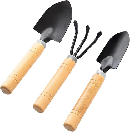 Mini Garden Tools Set, 3 Pcs Small Gardening Kit with Trowel, Shovel & Rake, Rust-Resistant Metal with Wooden Handle, Indoor Plant Tools for Succulents, Bonsai & Potted Plants