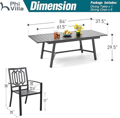 PHI VILLA 7 Pieces Outdoor Dining Set for 6, 84" Long Expandable Metal Steel Table & Stacking Wrought Iron Chairs, Modern Furniture Set for Patio, Deck, Yard, Porch - Black