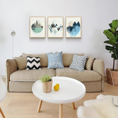 Natural Wood Framed Abstract Geometry Wall Art - Set of 3 Piece 12"X16" Prints for Living Room, Bedroom, Office Wall Decor