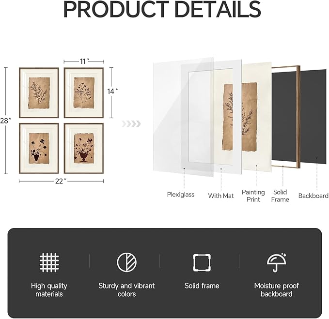 Framed Vintage Botanical Wall Art for Wall Decor, 4 Piece Brown Floral Farmhouse Bathroom Picture Prints, Rustic Farmhouse Botanical Artwork for Living Room Bedroom Bathroom Fireplace Walls, 11x14 In