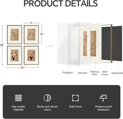Framed Vintage Botanical Wall Art for Wall Decor, 4 Piece Brown Floral Farmhouse Bathroom Picture Prints, Rustic Farmhouse Botanical Artwork for Living Room Bedroom Bathroom Fireplace Walls, 11x14 In