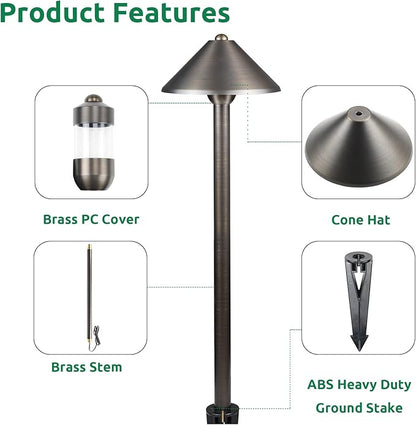 DOSHINE® Solid Brass Low Voltage Landscape Lighting Pathway Lights (7" Shade, 22" Tall) with Replaceable 3W G4 LED Bulb 3000K AC/DC 12V and Ground Stake for Outdoor Walkway Driveway (UMB,4-Pack)