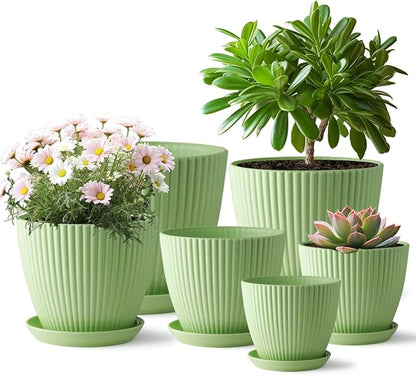 BTPLASTIK Multi-Size Planters - 7.5/6.5/5.5/4.9/4.2/3.5 Inches Plant Pots with Drainage Holes and Saucers, Plastic Flower Pots for Indoor Outdoor Plants (Green)