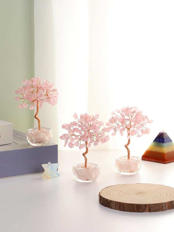 Jovivi Small Rose Quartz Crystal Tree, Natural Crystal Healing Stones Tree Glass Bowl Base Gemstone Money Trees Feng Shui Good Luck Home Desk Decor