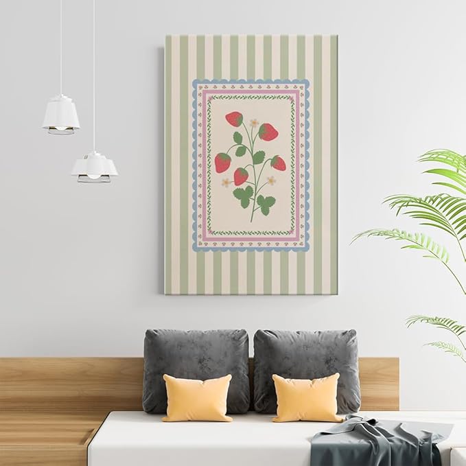 Vintage Green Striped Strawberry Canvas Prints Painting Trendy Botanical Flowers Posters Cute Fruit Cottagecore Wall Art Farmhouse Boho Aesthetic Pictures Decor for Kitchen Bedroom 12x16inch Unframed