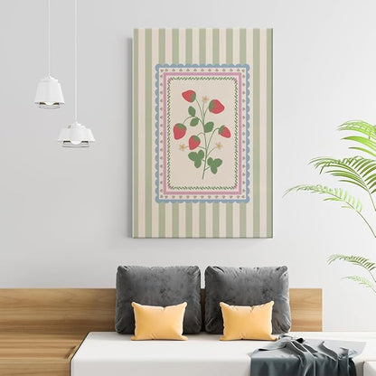 Vintage Green Striped Strawberry Canvas Prints Painting Trendy Botanical Flowers Posters Cute Fruit Cottagecore Wall Art Farmhouse Boho Aesthetic Pictures Decor for Kitchen Bedroom 20x30inch Unframed