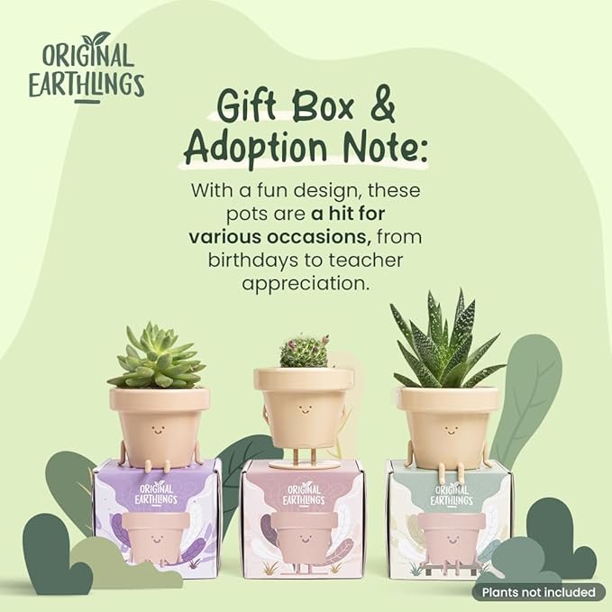 Original Earthlings Sitting Small Plant Pot - 4 Inch Cute Plant Pot - Succulent & Cactus Christmas Planters, Removable Drainage Plug, Cute Decor Plant Gifts for Plant Lovers, Teacher Gifts