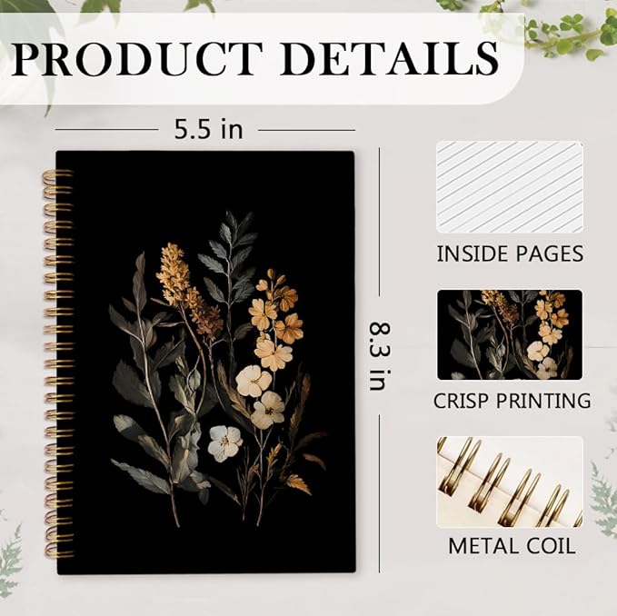 nvucamd Vintage Wildflower Botanical Plant Spiral Notebook, fall Journal Notebook, Rustic Floral Journaling Notebooks for Women, Dark Cottagecore Flower Gifts Office Supplies, 5.5x8.3Inch