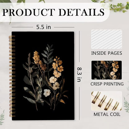 nvucamd Vintage Wildflower Botanical Plant Spiral Notebook, fall Journal Notebook, Rustic Floral Journaling Notebooks for Women, Dark Cottagecore Flower Gifts Office Supplies, 5.5x8.3Inch