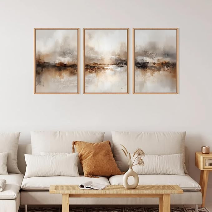 Large Abstract Brown Framed Canvas Wall Art,Neutral Brush Stroke Wall Decor,Modern Beige Gray Painting,Minimalist Textured Artwork for Living Room,Bedroom,Dining Room,Office -16"x24"x3