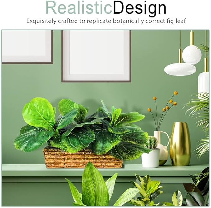 15 Inch Fiddle Leaf Fig Tree in Woven Basket - Low Maintenance Indoor & Outdoor Faux Plants for Living Rooms, Offices, Kitchens & Outdoor Spaces
