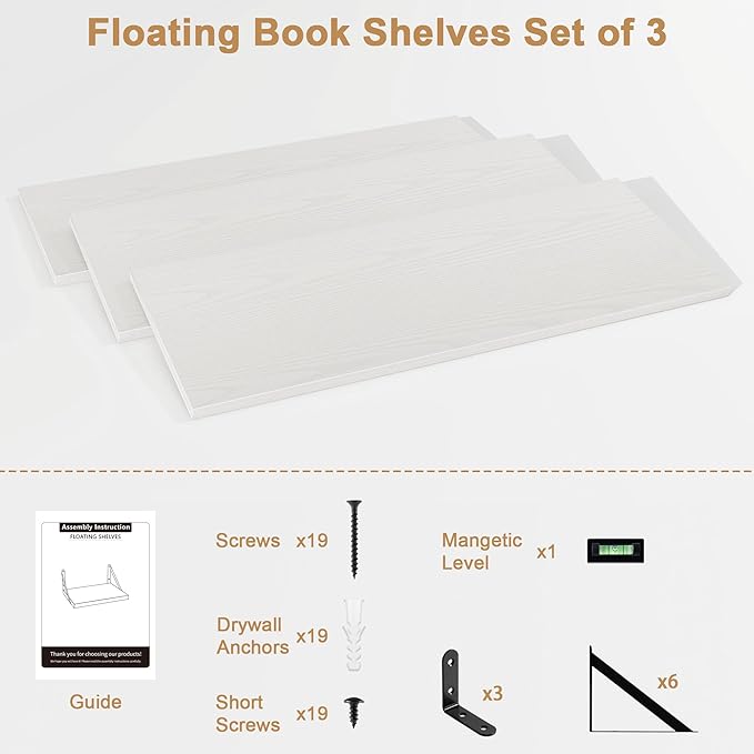 Fun Memories Long Wall Shelves for Bedroom, Set of 3 Large 40-Inch Floating Bookshelves, Rustic Wood Display Shelf for Home and Office (White)
