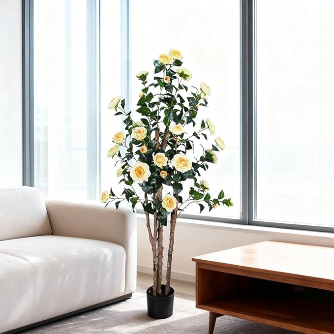 5ft Decorative Artificial Camellia Tree with Yellow Flowers, Potted Faux Floral Plant, Realistic Blooming Fake Plants for Indoor Outdoor Home Front Door Planter Decor