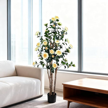 5ft Decorative Artificial Camellia Tree with Yellow Flowers, Potted Faux Floral Plant, Realistic Blooming Fake Plants for Indoor Outdoor Home Front Door Planter Decor