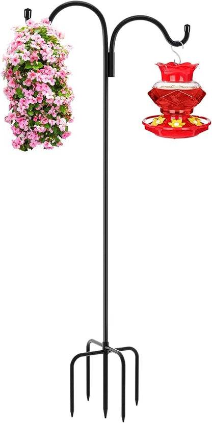 Gtongoko Double Shepherds Hook for Outdoor, 76 Inch Bird Feeder Pole with 5 Prongs Base, 5/8 Inch Thick Heavy Duty Adjustable Garden Hook for Hanging Plant, Lantern, Hummingbird Feeder, 1 Pack
