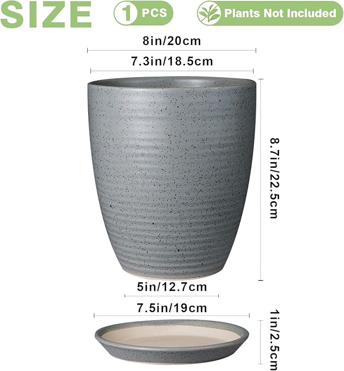 8 Inch Plant Pot Ceramic Planter Pot with Drainage Hole and Saucer Modern Round Flower Pot for Indoor Plants Light Gray