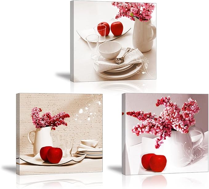 TEKMENT Red Apple Wall Art for Kitchen, SZ Flower Bowl and Dish Canvas Prints Decor for Dining Room (Waterproof Artwork, Bracket Mounted Ready to Hang)