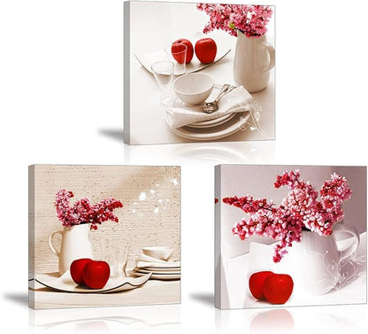 TEKMENT Red Apple Wall Art for Kitchen, SZ Flower Bowl and Dish Canvas Prints Decor for Dining Room (Waterproof Artwork, Bracket Mounted Ready to Hang)