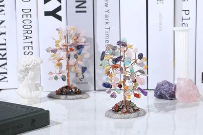 Muticolor Healing Crystal Tree of Life Natural Gemstone Agate Slice Base Copper Wire Wrapped Money Trees Feng Shui Reiki Spiritual Energy Decorations Home Office Room Desk Decor Gifts for Women Men
