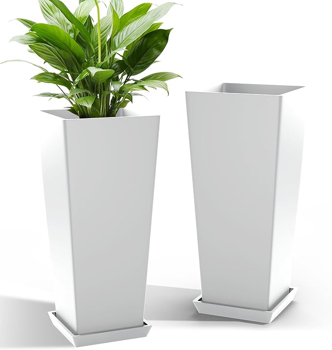24 Inch Tall Tapered Square Planters (Set of 2) - Indoor Outdoor Large Flower Pots with Built-in Drainage & Matching Water Tray for Patio, Garden, Home - White