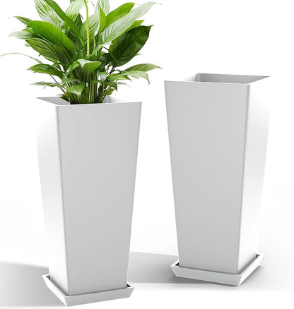 24 Inch Tall Tapered Square Planters (Set of 2) - Indoor Outdoor Large Flower Pots with Built-in Drainage & Matching Water Tray for Patio, Garden, Home - White