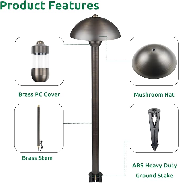DOSHINE® Solid Brass Low Voltage Landscape Lighting Pathway Lights (6.5" Shade, 22" Tall) with Replaceable 3W G4 LED Bulb 3000K AC/DC 12V and Ground Stake for Outdoor Walkway Driveway (MUS, 4-Pack)