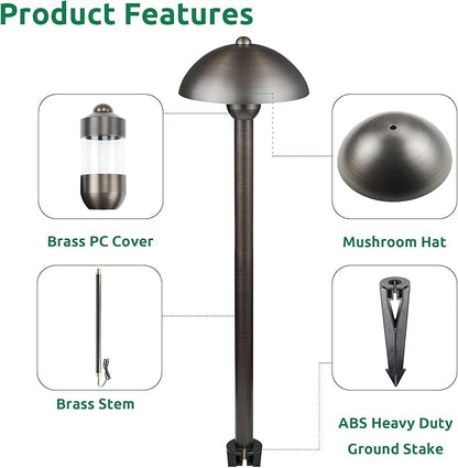 DOSHINE® Solid Brass Low Voltage Landscape Lighting Pathway Lights (6.5" Shade, 22" Tall) with Replaceable 3W G4 LED Bulb 3000K AC/DC 12V and Ground Stake for Outdoor Walkway Driveway (MUS, 4-Pack)