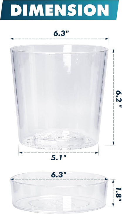 Phoenix Vine 6.5 Inch Clear Acrylic Planter Pot with Tray, Orchid Pot with Drainage Holes, Deep Saucer for Bottom Watering, Transparent Containers for Indoor Plants, Herbs, Set of 1, 91-A-F-1