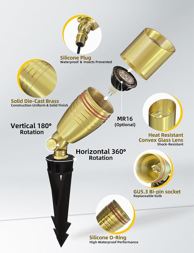 COLOER Die-cast Brass Landscape Spotlight 1-Pack with 5W Aluminum Housing LED MR16 Bulb,12V AC/DC Low Voltage Copper Outdoor Lighting, Directional Garden Patio Spot Up Light (102B Copper Finish)