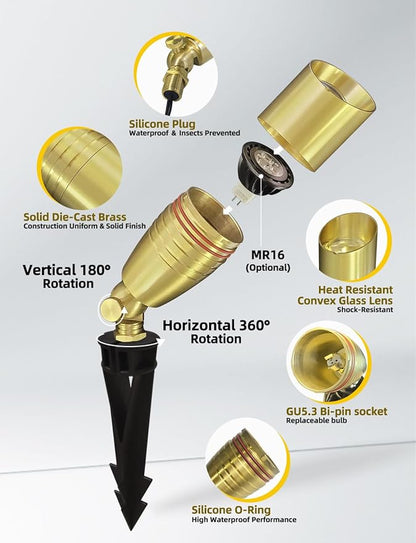 COLOER Die-cast Brass Landscape Spotlight 6-Pack with 5W Aluminum Housing LED MR16 Bulb,12V AC/DC Low Voltage Copper Outdoor Lighting, Directional Garden Patio Spot Up Light (102B Copper Finish)