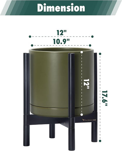 D'vine Dev Ceramic Planter with Ebony Stand - 12 Inch Modern Round Flower Pot with Wood Planter Holder, Olive, 55-B-H-J