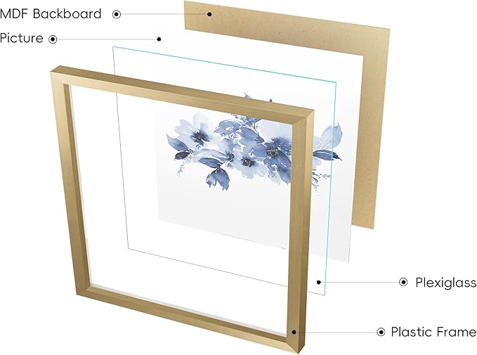 ArtbyHannah Framed Bathroom Wall Decor, Navy Blue Wall Art with Gold Frame and Watercolor Floral Prints Pictures for Kitchen Bedroom Home Decorations (4 Pack, 10x10 Inch)