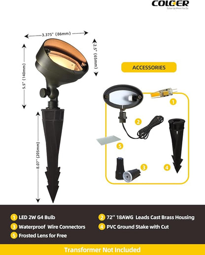 COLOER Die-cast Brass LED Landscape Flood Lights Outdoor 6-Pack with Bulb, 2W 9-17 Volt Low Voltage Wall Wash Lighting, Outdoor Floodlight for Illuminating Signs, Walls and Plant Material(501B)