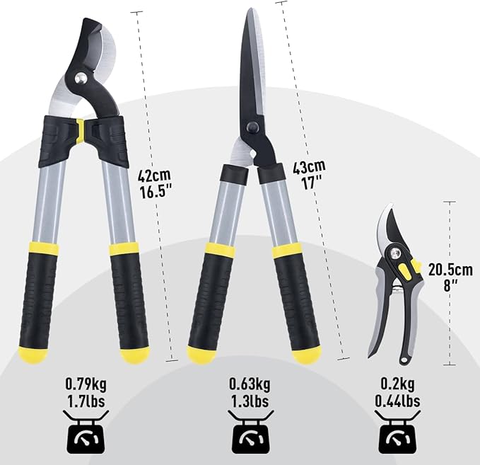 Colwelt Loppers Hedge Clippers Garden Shears 3Pcs, Compact Garden Loppers Shear Set with 17’’ Bypass Branch Cutters & Hedge Shears & Pruners, Tree Shrub Care Kit for Lopping with Soft Grip Handle
