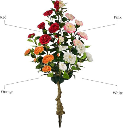 Artificial Camellia Tree with Spike, 36” Tall Faux Artificial Plants Outdoor Flower Tree with Red Blooming Camellia Flower, Fake Flower Tree for Home, Garden Decor(Red)