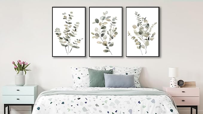 Large Framed Botanical Wall Art - Eucalyptus Leaf Wall Decor 20"x28" Set of 3 Taupe Simple Life Painting Prints Minimalist Farmhouse Plant Canvas Pictures for Living Room Bedroom Office Artwork