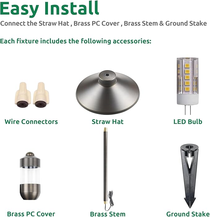 DOSHINE® Solid Brass Low Voltage Landscape Lighting Pathway Lights (7" Shade, 22" Tall) with Replaceable 3W G4 LED Bulb 3000K AC/DC 12V and Ground Stake for Outdoor Walkway Driveway (HAT, 4-Pack)