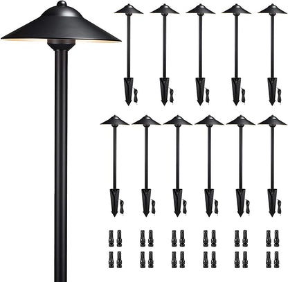 Gardenreet 12v Solid Cast Brass Path Light (9" Shade) - Low Voltage Pathway Lights Outdoor Wired, IP65 Outdoor Landscape Walkway Lighting, Hat Shape Black Garden Decorations Without G4 Bulb (12 Pack)