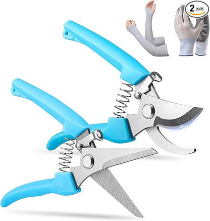 Garden Pruning Shears, 2-Pack Stainless Steel Garden Shears, Flower Scissors for Cutting Flowers, Trim Plants, Bonsai, Fruits, Includes Gloves & Arm Sleeves, Ideal Gardening Gift (Blue)