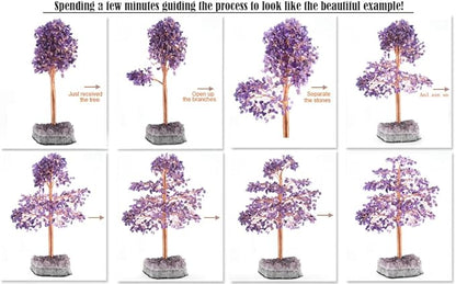 Gemstone Crystal Tree of Life - Natural Amethyst Geode Cluster Base, Chakra Healing Crystals, Positive Energy Bonsai Money Feng Shui Home Decor for Good Luck Gift, 10"-12"
