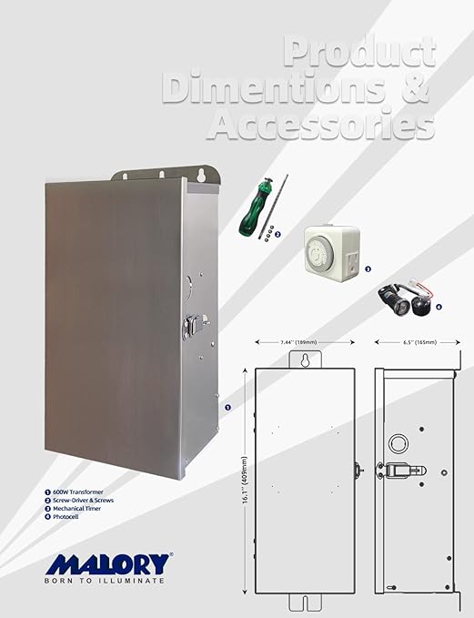 MALORY 600W Low Voltage Transformer with Timer & Photocell for Landscape Lighting,120V AC to 12/13/14/15/16/17/18/22V Multi-Tap Power Supply for Outdoor Landscape Lights,Yard Lights,Garden Lights