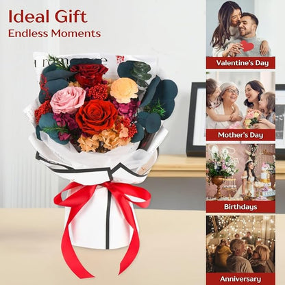 Forever Flowers Bouquet, Preserved Long Lasting Pink-Red Roses Flower Bouquet for Valentine’s Day, Christmas, Anniversary, Birthday Gifts for Her