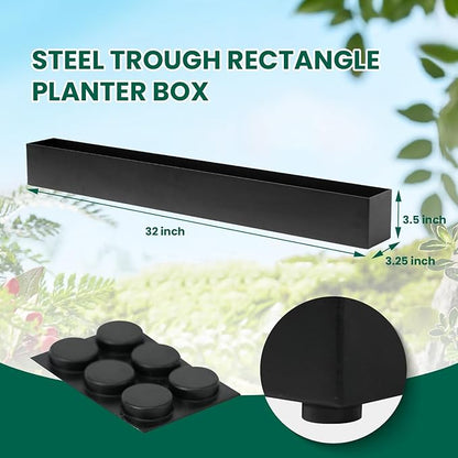 Trough Rectangle Planter Window Sill Planter Box Long Window Planters Modern Galvanized Steel Succulent Planter Black Metal Windowsill Pot 32 in for Indoor Plants Herb Table Home Outdoor