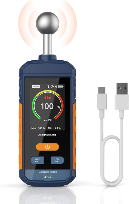 Pinless Moisture Meter for Wood, Walls & Drywall | Digital Moisture Meter, Firewood Moisture Tester & Concrete Reader | GS130 USB-C Rechargeable Humidity Tester