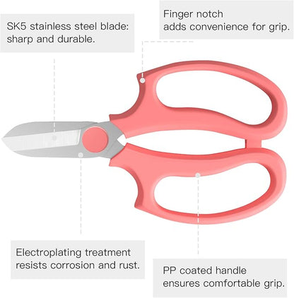Housolution Flower Scissors, Strong Floral Shears, Premium Steel Garden Pruning Shears Garden Scissors Floral Fruits Leaf Scissors Hand Pruner Snip Trimming Tool for Gardening Flower Arrangement, Pink