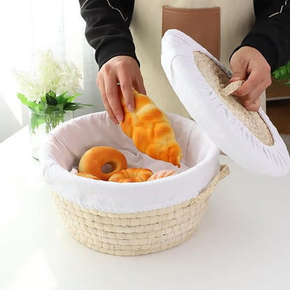 YAHUAN Round Bread Basket Serving Woven Bread Baskets Wicker Baskets Sourdough Proofing Basket with Removable Liner and Cover (Corn husk)