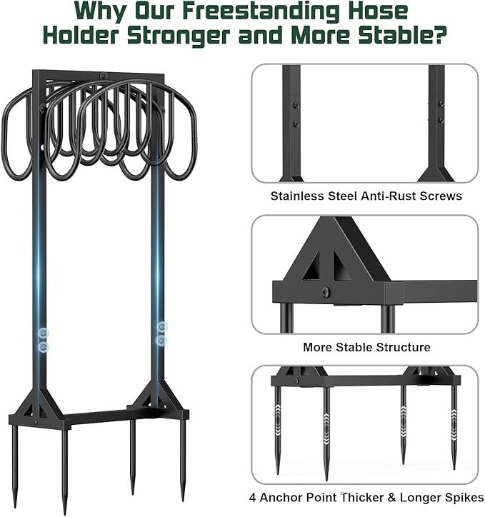 Garden Hose Holder Freestanding, Water Hose Holders for Outside with 4 Spikes, Hose Reels Double-Sided Heavy Duty Metal Hose Stand Holds 150ft Hose, Garden Hose Storage Rack for Outside Yard Lawn
