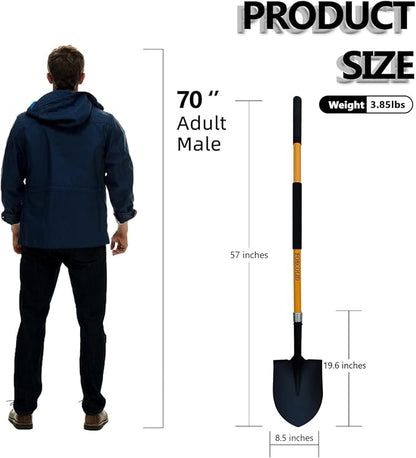 Shovel for Digging, Heavy Duty 57 inch Straight Handled Round Shovel with Non-Slip Tail Cover, Lawn and Yard Tools, Fiberglass Handle(Orange)