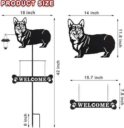 BAYN Solar Corgi Silhouette Dog Breed Welcome Sign with a Lantern Outdoor Decorative Garden Stakes for Yard, Lawn, Patio, Pathway