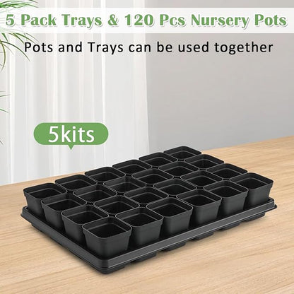 5 Pack 24 Cell Nursery Pots Trays with 2.8 inch (7CM) Square Nursery Pots 120pcs (Black), Plastic Seed Starter Tray with Drain Holes for Carrying and Holding Plant Pot(17"x11"x1.6")